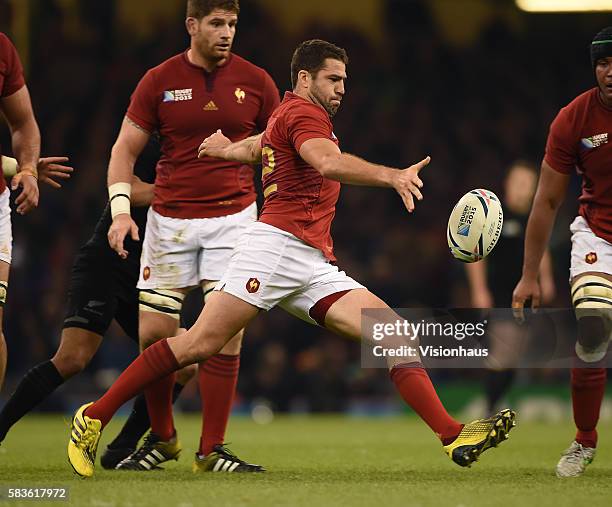 Remi Tales of France kicks during the Rugby World Cup quarter final match between New Zealand and France at the Millennium Stadium in Cardiff, Wales,...