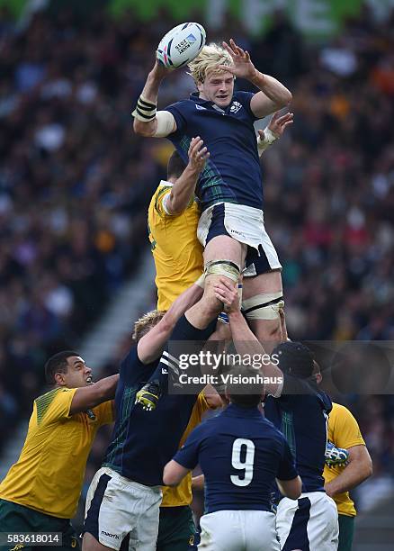 Richie Gray secures line out ball for Scotland during the Rugby World Cup 2015 Quarter-Final match between Australia and Scotland at Twickenham...