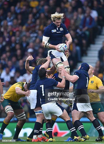 Richie Gray secures line out ball for Scotland during the Rugby World Cup 2015 Quarter-Final match between Australia and Scotland at Twickenham...