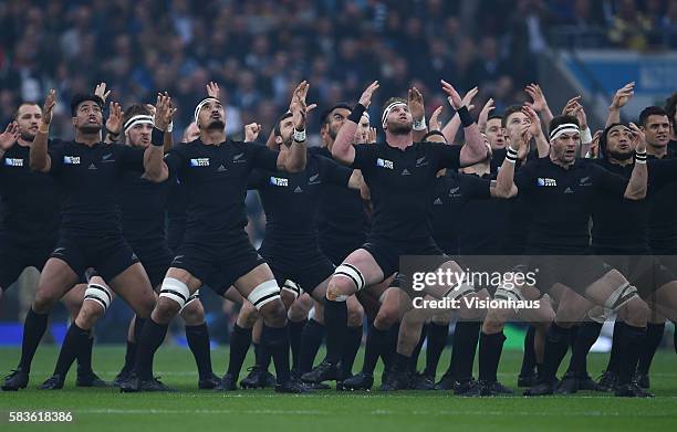 New Zealand All Blacks perform the "Haka" - with Jerome Kaino, Kieran Read and Richie McCaw in the front row before the Rugby World Cup 2015...