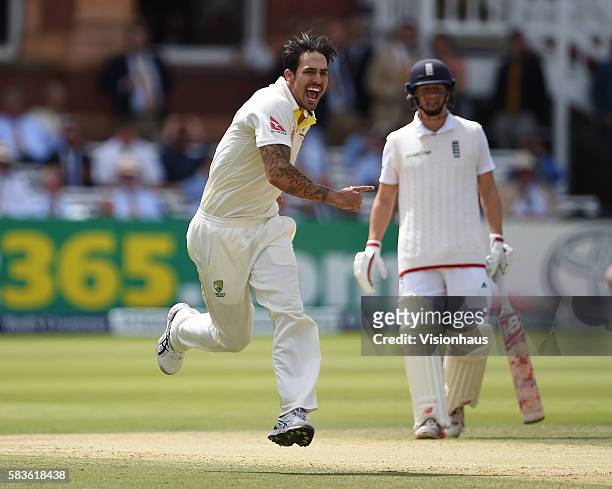 Australia's Mitchell Johnson celebrates taking the wicket of Alastair Cook during the fourth day of the 2nd Investec Ashes Test between England and...