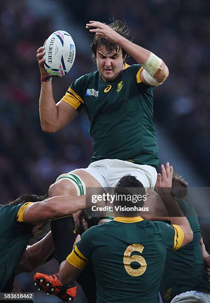 Lodewyk De Jager of South Africa during the Rugby World Cup 2015 Semi-Final match between South Africa and New Zealand at Twickenham Stadium in...