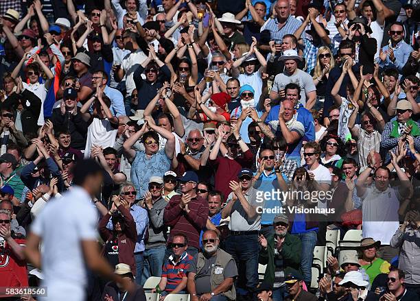 England's Steve Finn acknowledges the applause of the crowd during the second day of the 3rd Investec Ashes Test between England and Australia at...