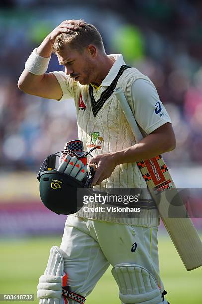 Australia's David Warner walks from the pitch after his innings during the second day of the 3rd Investec Ashes Test between England and Australia at...