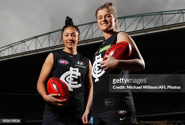 Darcy Vescio and Briana Davey of the Blues pose for a photograph during the Women's League marquee player announcement on July 27, 2016 in Melbourne,...