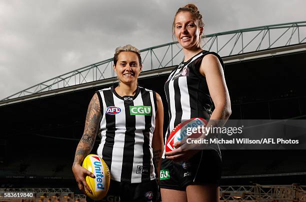 Moana Hope and Emma King of the Magpies pose for a photograph during the Women's League marquee player announcement on July 27, 2016 in Melbourne,...