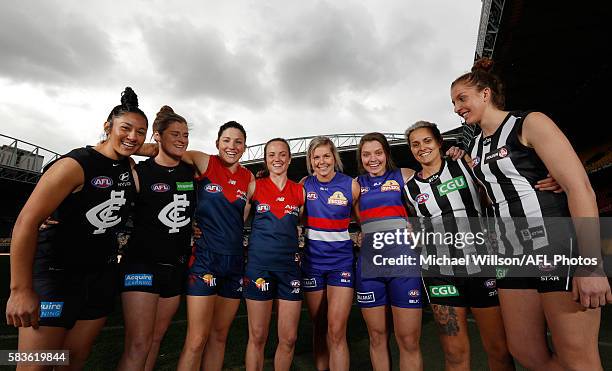 Darcy Vescio of the Blues, Briana Davey of the Blues, Melissa Hickey of the Demons, Daisy Pearce of the Demons, Katie Brennan of the Bulldogs, Ellie...