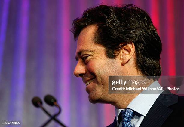 Gillon McLachlan, Chief Executive Officer of the AFL looks on during the Women's League marquee player announcement on July 27, 2016 in Melbourne,...