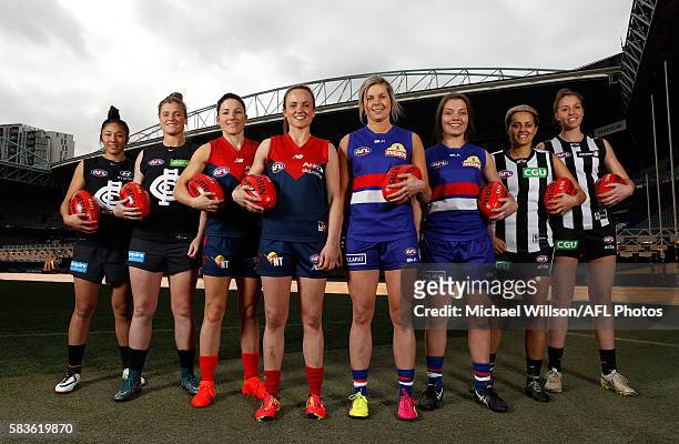 Darcy Vescio of the Blues, Briana Davey of the Blues, Melissa Hickey of the Demons, Daisy Pearce of the Demons, Katie Brennan of the Bulldogs, Ellie...