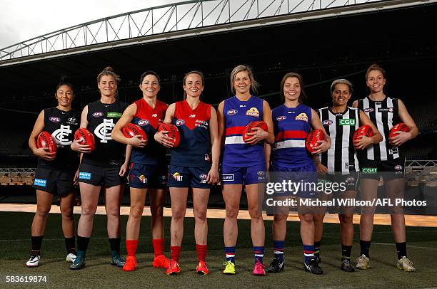 Darcy Vescio of the Blues, Briana Davey of the Blues, Melissa Hickey of the Demons, Daisy Pearce of the Demons, Katie Brennan of the Bulldogs, Ellie...