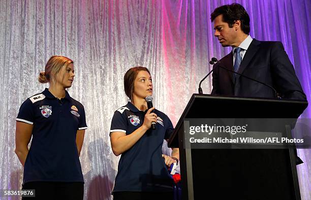 Katie Brennan of the Bulldogs and Ellie Blackburn of the Bulldogs chat with Gillon McLachlan, Chief Executive Officer of the AFL during the Women's...