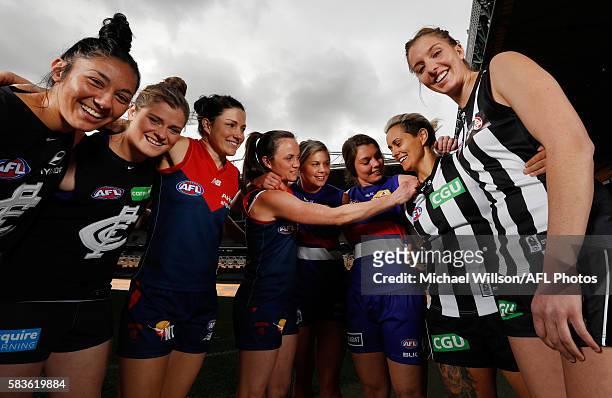Darcy Vescio of the Blues, Briana Davey of the Blues, Melissa Hickey of the Demons, Daisy Pearce of the Demons, Katie Brennan of the Bulldogs, Ellie...