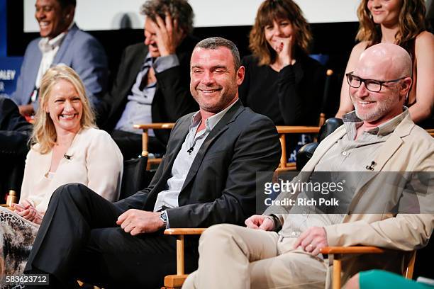Paula Malcomson, Liev Schreiber, David Hollander and the cast of Ray Donovan on stage at PaleyLive - An Evening With "Ray Donovan" at The Paley...