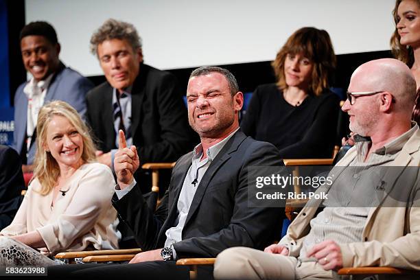 Actors Paula Malcomson, Liev Schreiber and Executive Producer David Hollander joke on stage at PaleyLive - An Evening With "Ray Donovan" at The Paley...