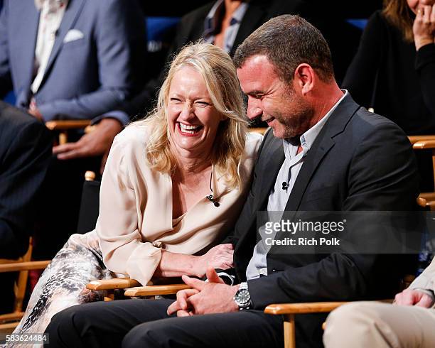 Actors Paula Malcomson and Liev Schreiber laugh on stage at PaleyLive - An Evening With "Ray Donovan" at The Paley Center for Media on July 26, 2016...