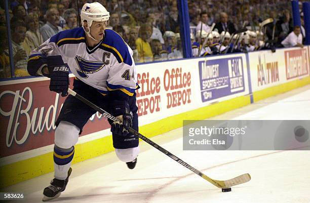 Chris Pronger of the St. Louis Blues handles the puck during game 3 of Western Conference Semifinals against the Dallas Stars at the Savvis Center in...