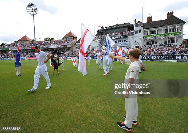 England Captain Alastair Cook leads his players out during the third day of the 4th Investec Ashes Test between England and Australia at Trent Bridge...