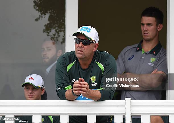 Australia Coach Darren Lehmann watching the presentation during the third day of the 4th Investec Ashes Test between England and Australia at Trent...