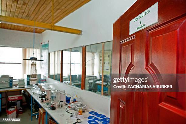 This photo taken on July 25, 2016 at the department of Zoological Sciences of Addis Ababa University in Addis Ababa shows the odor collection room....