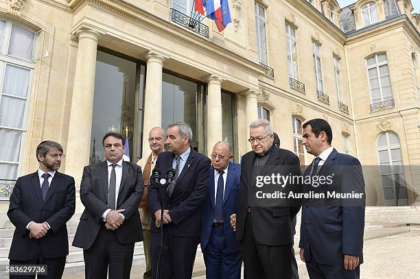 Francois Clavairoly President of the French Protestant Federation addresses the press after the meeting with french President Francois Hollande and...