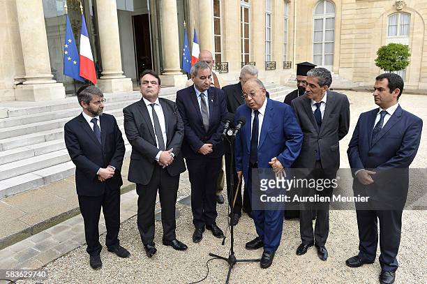 Paris Mosque Rector Dalil Boubakeur addresses the press after the meeting with french President Francois Hollande and the representatives of...