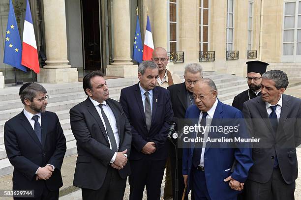 Paris Mosque Rector Dalil Boubakeur addresses the press after the meeting with french President Francois Hollande and the representatives of...