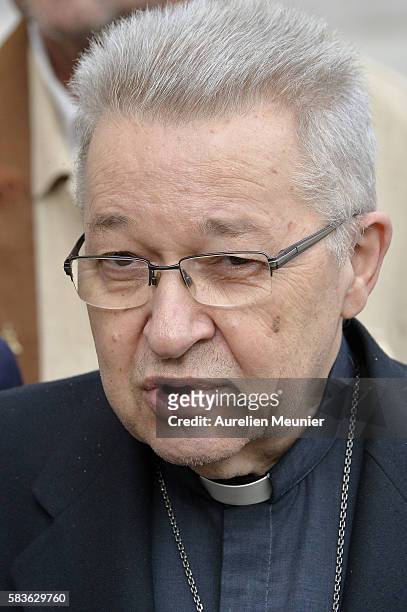 Cardinal Andre Armand XXIII addresses the press after the meeting with french President Francois Hollande and the representatives of religions at...