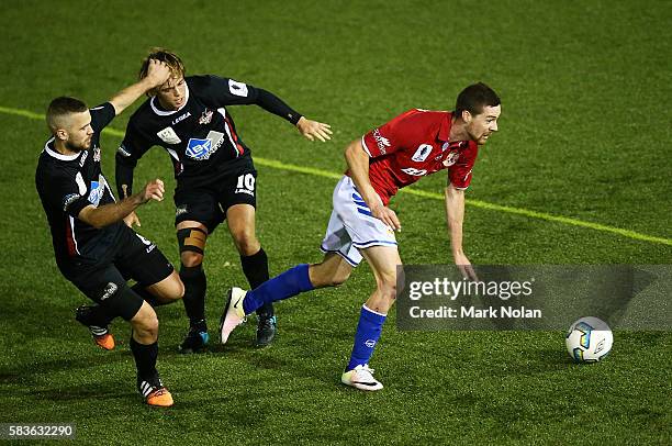 Jacob Tratt of Sydney United 58 FC beats the defence during the FFA Cup round of 32 match between Blacktown City and Sydney United 58 FC at Lilly's...