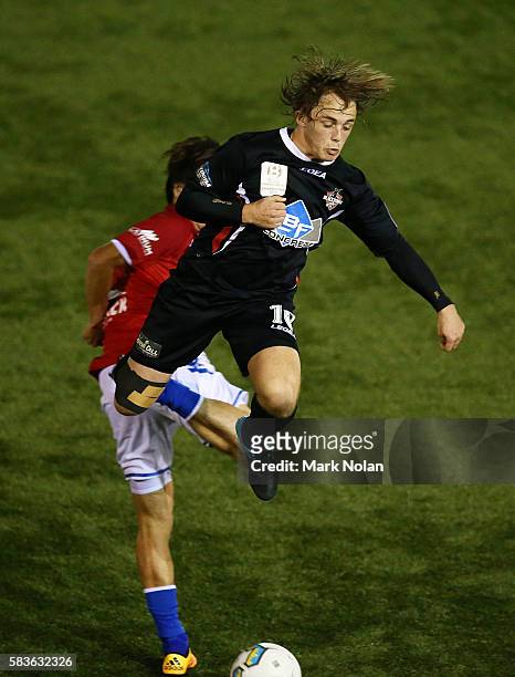 Connor Evans of Blacktown and Yutaro Sin of Sydney United 58 FC contest possession during the FFA Cup round of 32 match between Blacktown City and...