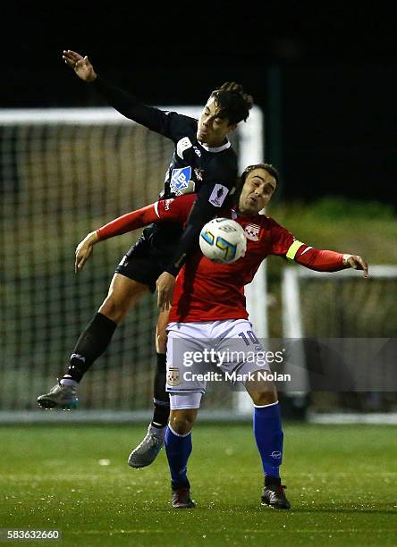Lewis Beumie of Blacktown and Robert Mileski of Sydney United 58 FC contest possession during the FFA Cup round of 32 match between Blacktown City...