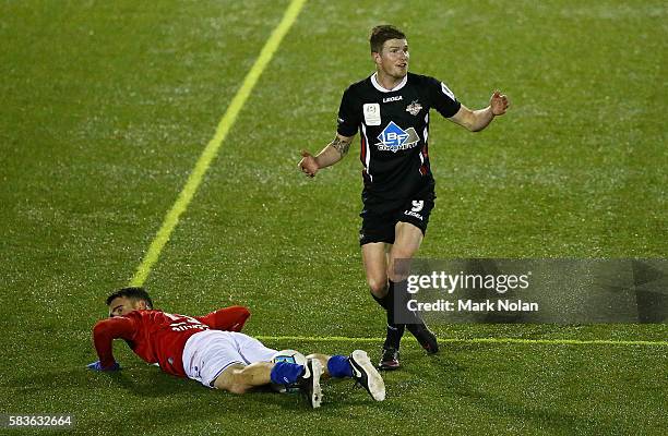 Joseph Gibbs of Blacktown question a referees call during the FFA Cup round of 32 match between Blacktown City and Sydney United 58 FC at Lilly's...