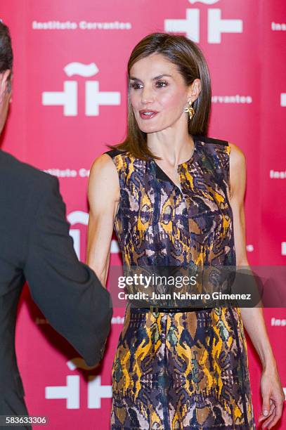 Queen Letizia of Spain attends a meeting with Institute Cervantes directors for the occasion of Cervantes Institute XXV Anniversary at Cervantes...