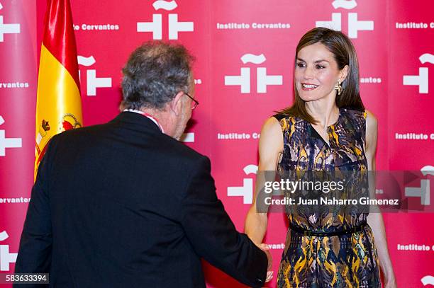 Queen Letizia of Spain attends a meeting with Institute Cervantes directors for the occasion of Cervantes Institute XXV Anniversary at Cervantes...