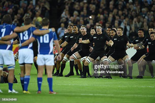 The New Zealand All Blacks perform the "Haka" before the Rugby World Cup 2015 Group C match between New Zealand and Namibia at The Queen Elizabeth...