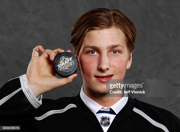 Jacob Moverare poses for a portrait after being selected 112th overall by the Los Angeles Kings during the 2016 NHL Draft at First Niagara Center on...