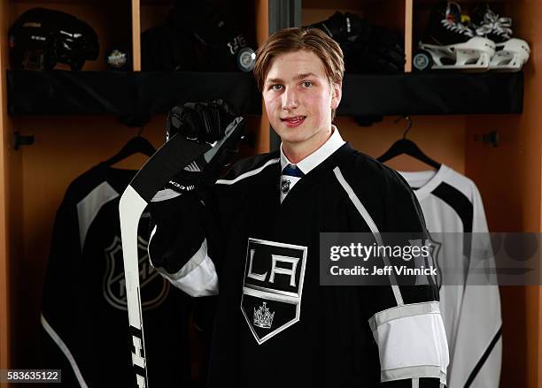 Jacob Moverare poses for a portrait after being selected 112th overall by the Los Angeles Kings during the 2016 NHL Draft at First Niagara Center on...