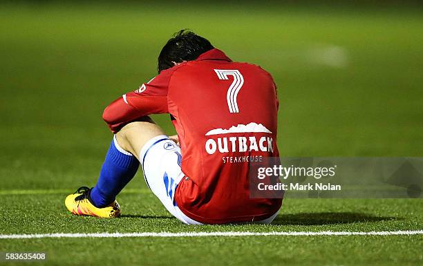 Yutaro Sin of Sydney United 58 FC looks dejected after the FFA Cup round of 32 match between Blacktown City and Sydney United 58 FC at Lilly's...