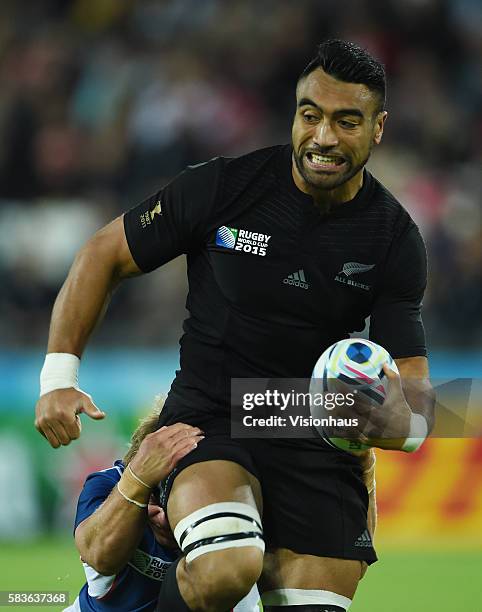 Victor Vito of New Zealand during the Rugby World Cup 2015 Group C match between New Zealand and Namibia at The Queen Elizabeth Olympic Stadium in...