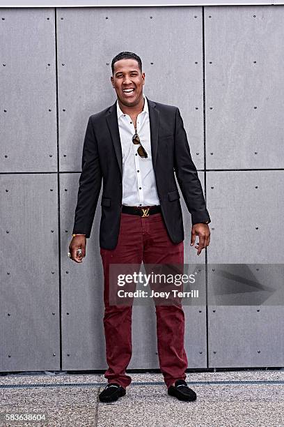 American League All-Star Salvador Perez of the Kansas City Royals poses for a portrait as he enters Petco Park following the Red Carpet parade before...