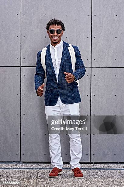 American League All-Star Francisco Lindor of the Cleveland Indians poses for a portrait as he enters Petco Park following the Red Carpet parade...