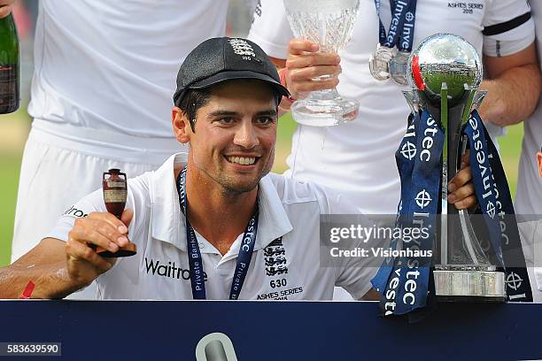 England Captain Alastair Cook celebrates winning The Ashes during the fourth day of the 5th Investec Ashes Test between England and Australia at The...