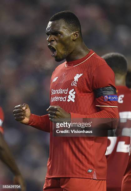 Christian Benteke of Liverpool celebrates after scoring during the UEFA Europa League Group match between Liverpool and FC Girondins de Bordeaux at...