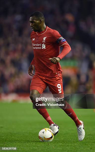 Christian Benteke of Liverpool in action during the UEFA Europa League Group match between Liverpool and FC Girondins de Bordeaux at Anfield in...