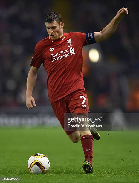 James Milner of Liverpool in action during the UEFA Europa League Group match between Liverpool and FC Girondins de Bordeaux at Anfield in Liverpool,...