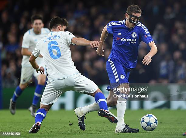 Nemanja Matic of Chelsea and Rúben Neves of Porto during the UEFA Champions League Group G match between Chelsea and FC Porto at Stamford Bridge in...
