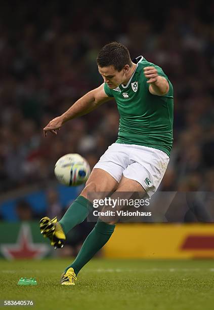 Jonny Sexton of Ireland kicks a penalty during the Rugby World Cup pool D group match between Ireland and Canada at the Millennium Stadium in...