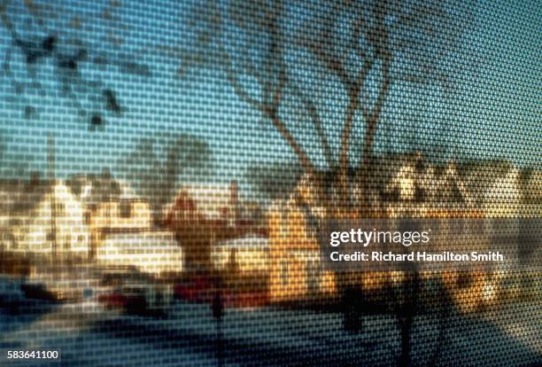 winter neighborhood through window screen - screen door stock pictures, royalty-free photos & images