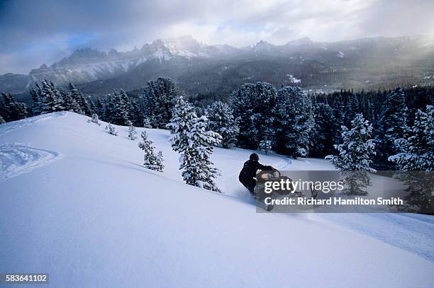 snowmobiling fun in wyoming - snowmobiling stock pictures, royalty-free photos & images