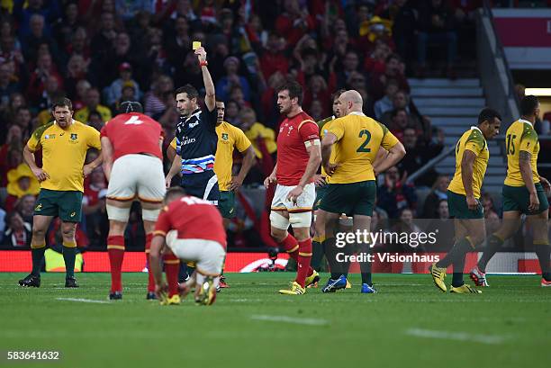 Will Genia of Australia is sent off by Referee Craig Joubert during the Rugby World Cup 2015 Group A match between Australia and Wales at Twickenham...