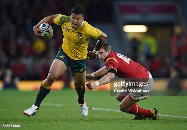 Israel Folau of Australia and Dan Biggar of Wales during the Rugby World Cup 2015 Group A match between Australia and Wales at Twickenham Stadium in...